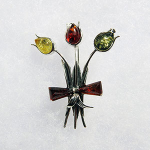 Broche Trio de Tulipes multicolore - bijou ambre et argent